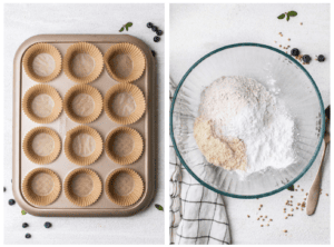 A muffin pan shown with liners and a bowl with dry ingredients.